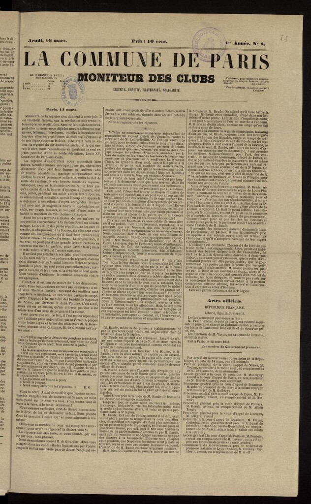 Miniatura de La Commune de Paris : moniteur des clubs del 16 de marzo de 1848, nº 8