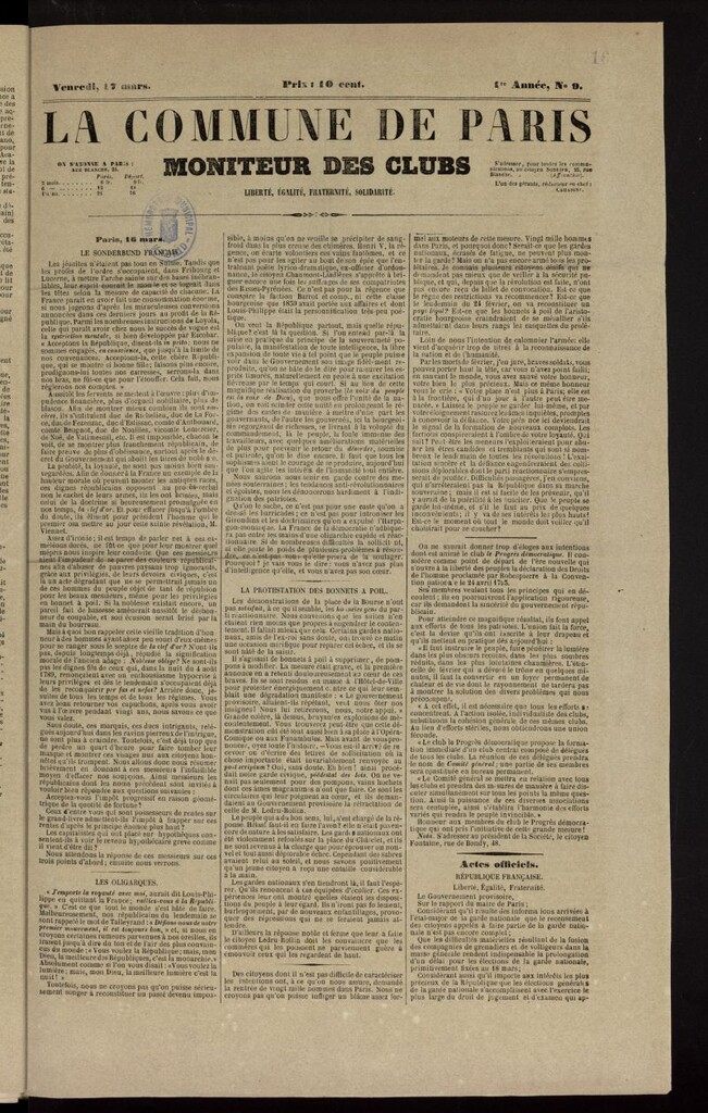 Miniatura de La Commune de Paris : moniteur des clubs del 17 de marzo de 1848, nº 9
