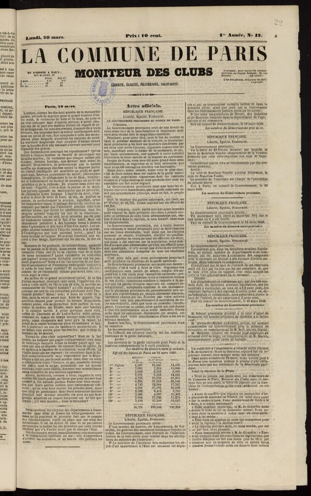Miniatura de La Commune de Paris : moniteur des clubs del 20 de marzo de 1848, nº 12