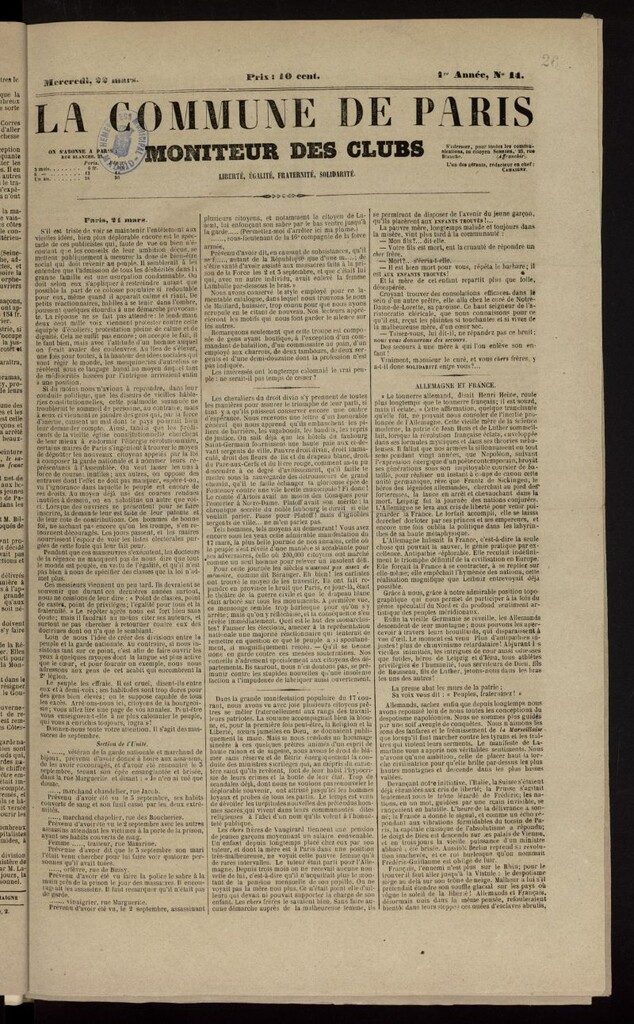 Miniatura de La Commune de Paris : moniteur des clubs del 22 de marzo de 1848, nº 14