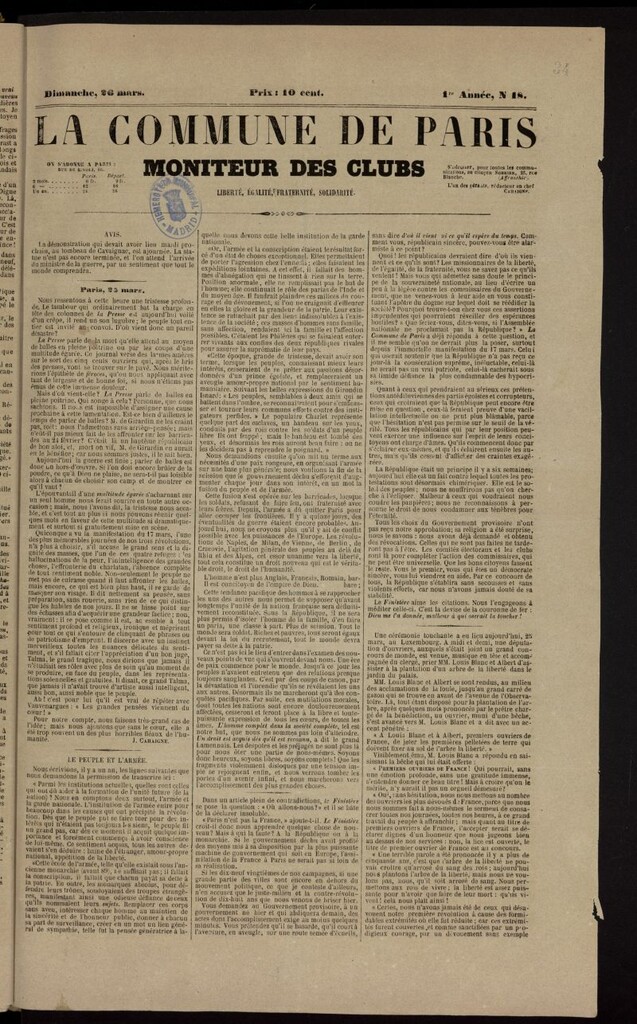 Miniatura de La Commune de Paris : moniteur des clubs del 26 de marzo de 1848, nº 18