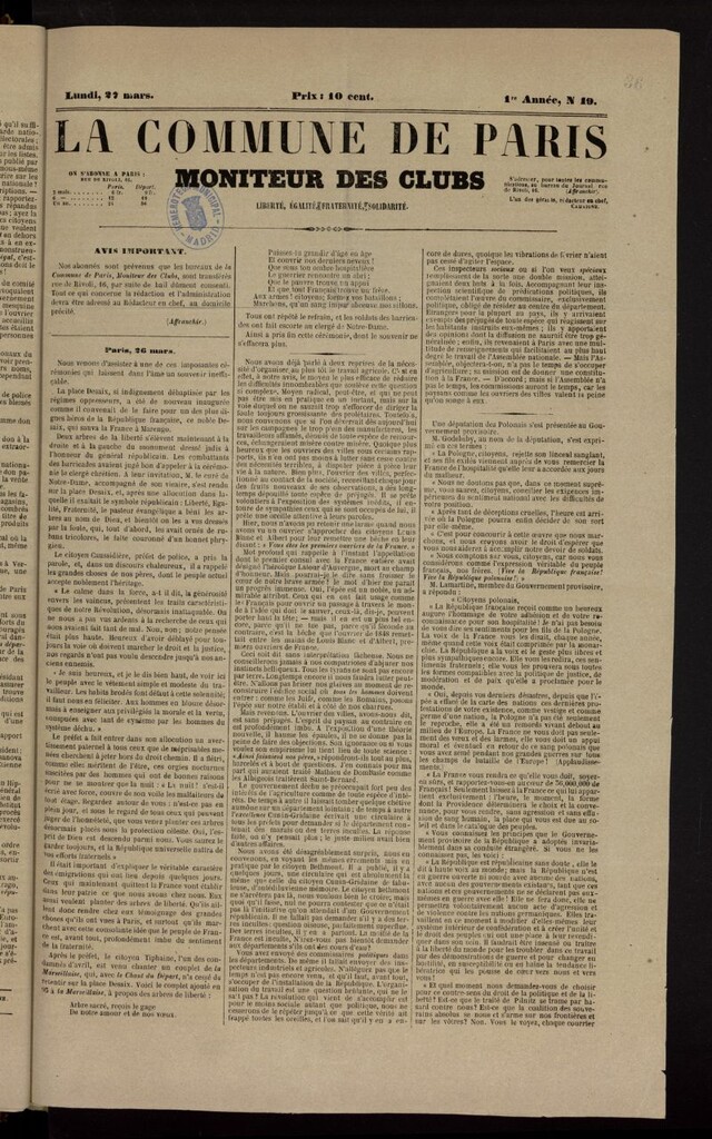 Miniatura de La Commune de Paris : moniteur des clubs del 27 de marzo de 1848, nº 19