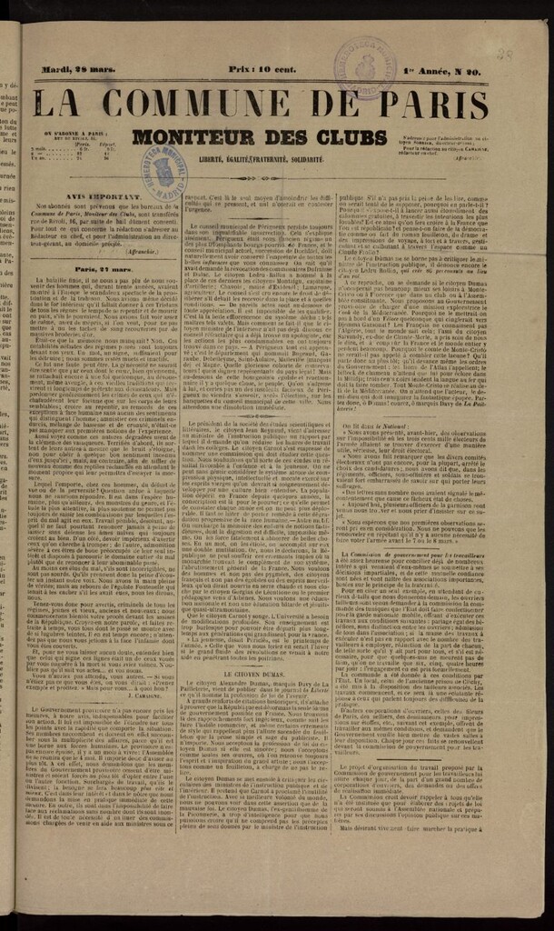 Miniatura de La Commune de Paris : moniteur des clubs del 28 de marzo de 1848, nº 20