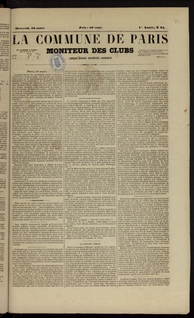 Miniatura de La Commune de Paris : moniteur des clubs del 29 de marzo de 1848, nº 21