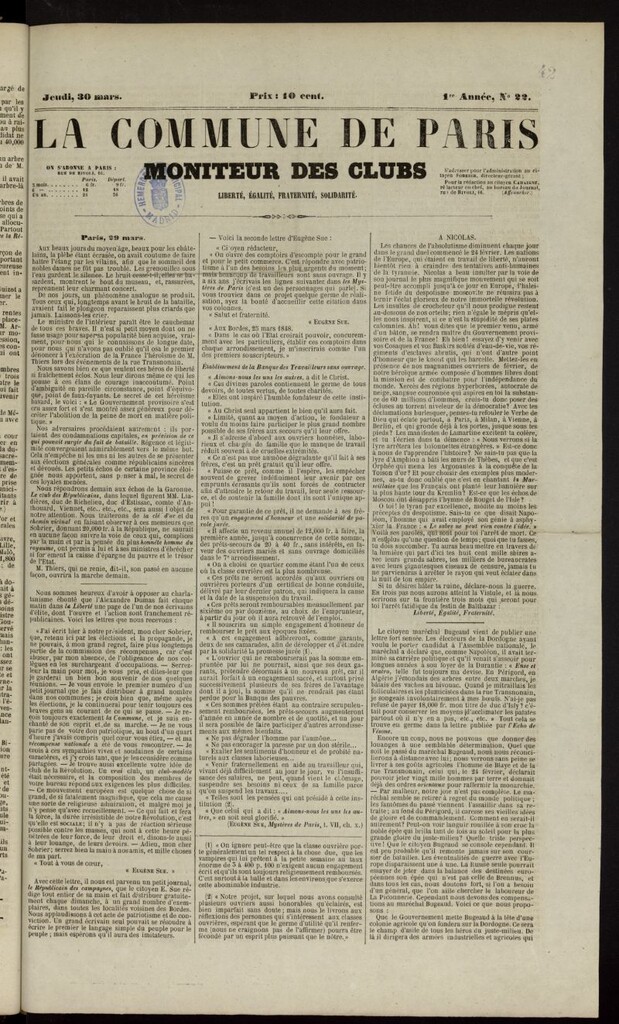 Miniatura de La Commune de Paris : moniteur des clubs del 30 de marzo de 1848, nº 22