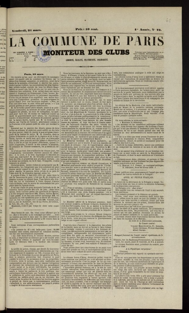 Miniatura de La Commune de Paris : moniteur des clubs del 31 de marzo de 1848, nº 23
