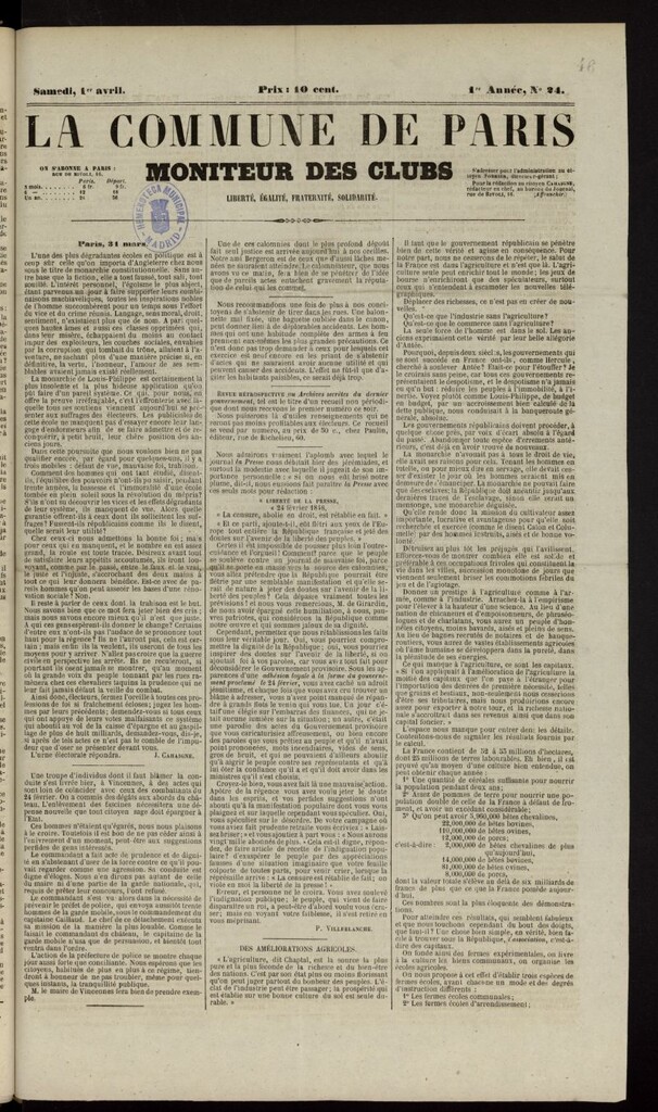 Miniatura de La Commune de Paris : moniteur des clubs del 1 de abril de 1848, nº 24