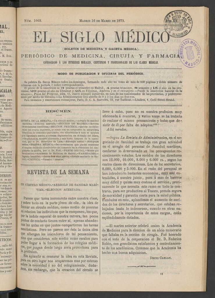 Miniatura de El Siglo Médico: boletín de medicina y gaceta médica del 16 de marzo de 1873