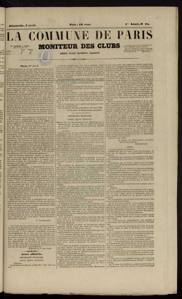 Miniatura de La Commune de Paris : moniteur des clubs del 2 de abril de 1848, nº 25
