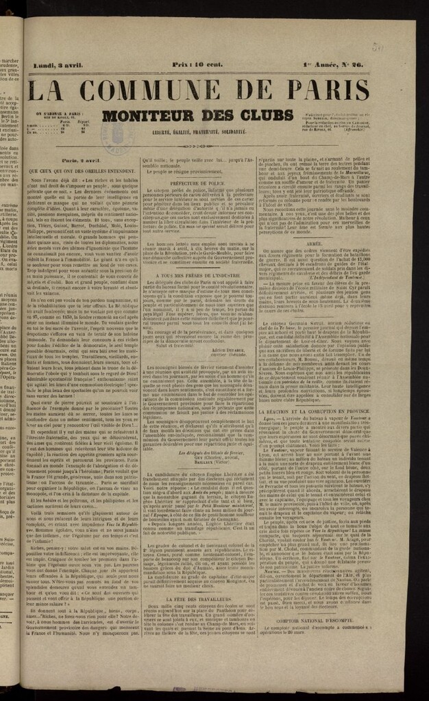 Miniatura de La Commune de Paris : moniteur des clubs del 3 de abril de 1848, nº 26