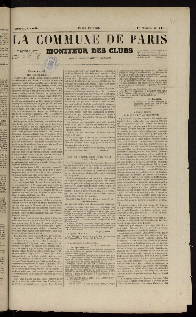 Miniatura de La Commune de Paris : moniteur des clubs del 4 de abril de 1848, nº 27