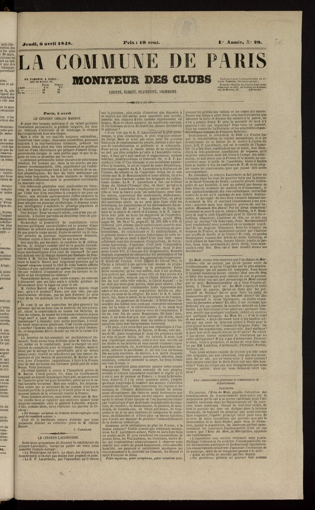 Miniatura de La Commune de Paris : moniteur des clubs del 6 de abril de 1848, nº 29