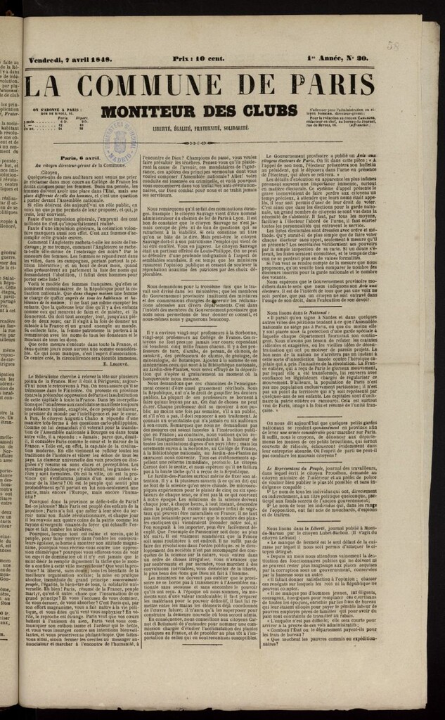 Miniatura de La Commune de Paris : moniteur des clubs del 7 de abril de 1848, nº 30