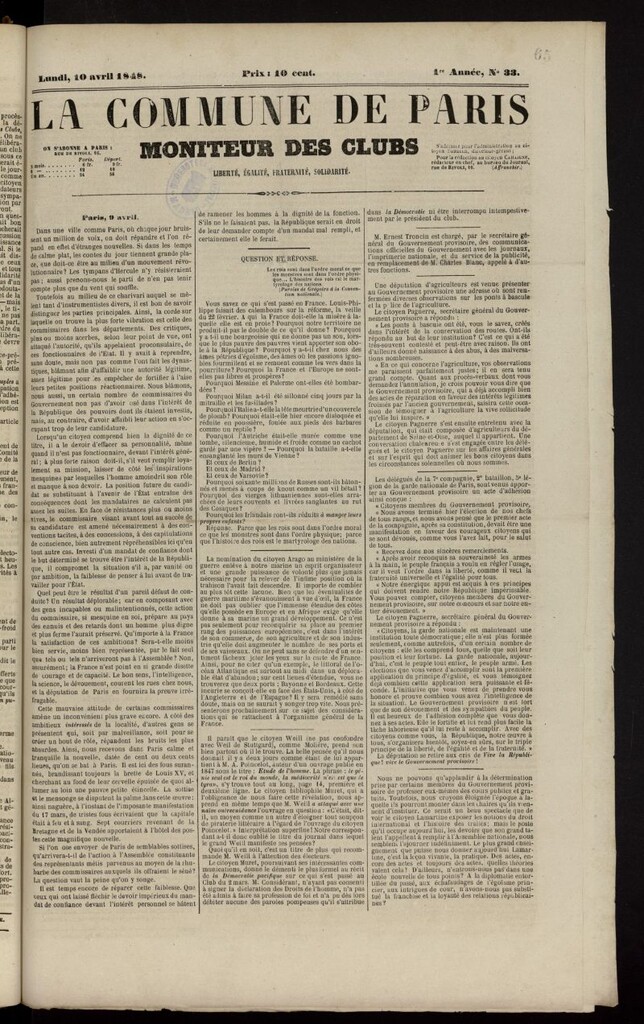 Miniatura de La Commune de Paris : moniteur des clubs del 10 de abril de 1848, nº 33