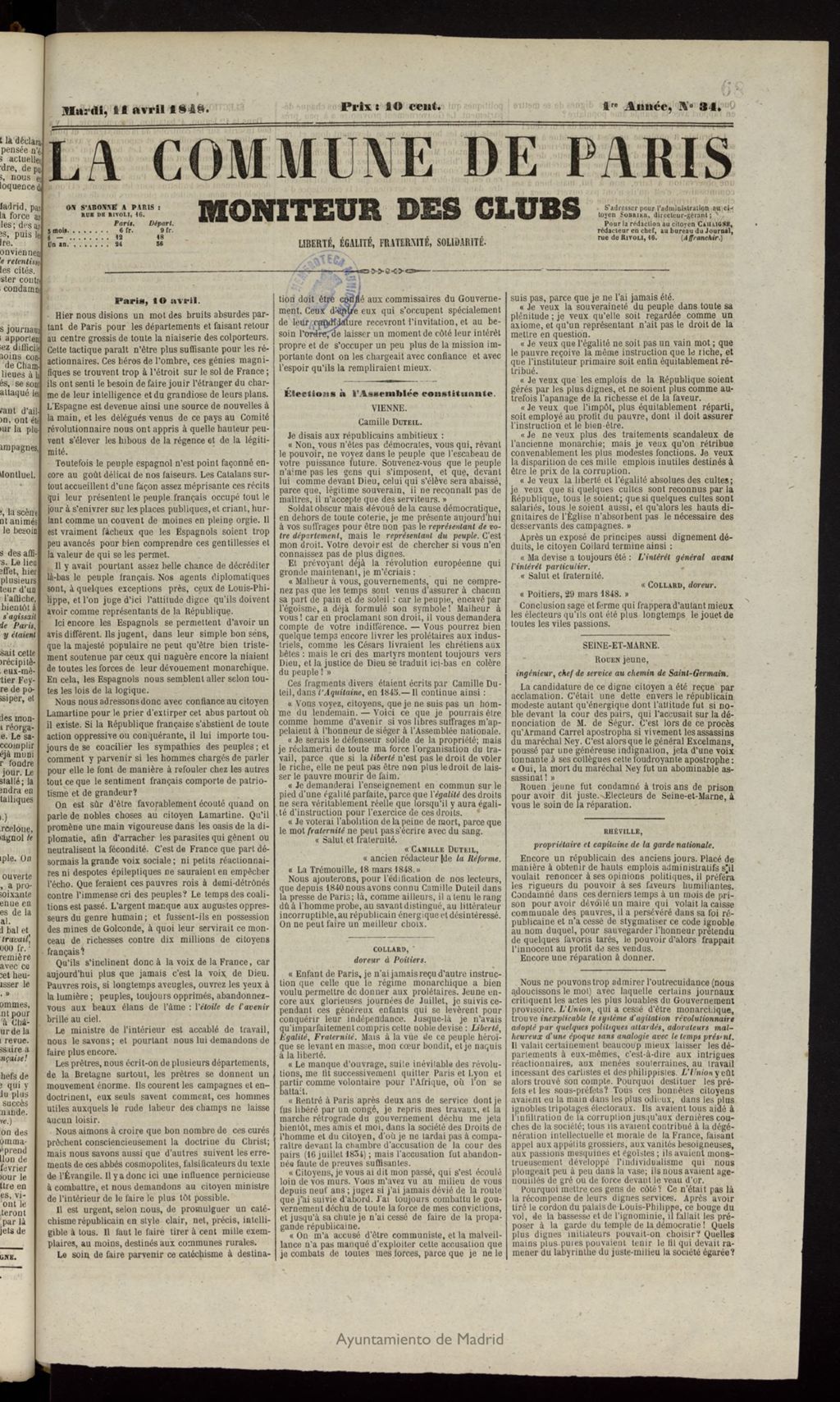 Miniatura de La Commune de Paris : moniteur des clubs del 11 de abril de 1848, nº 34