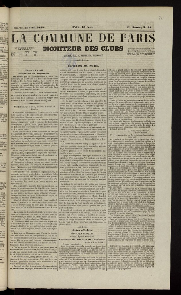 Miniatura de La Commune de Paris : moniteur des clubs del 11 de abril de 1848_T, nº 35