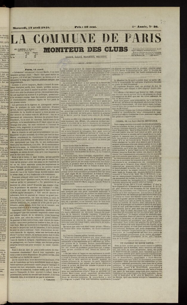 Miniatura de La Commune de Paris : moniteur des clubs del 12 de abril de 1848, nº 36