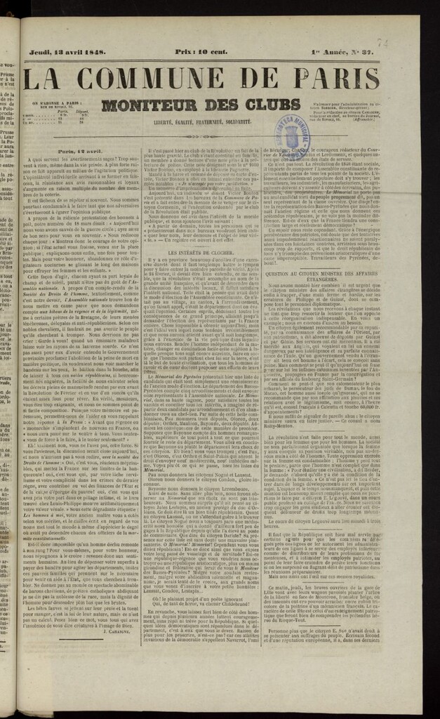 Miniatura de La Commune de Paris : moniteur des clubs del 13 de abril de 1848, nº 37