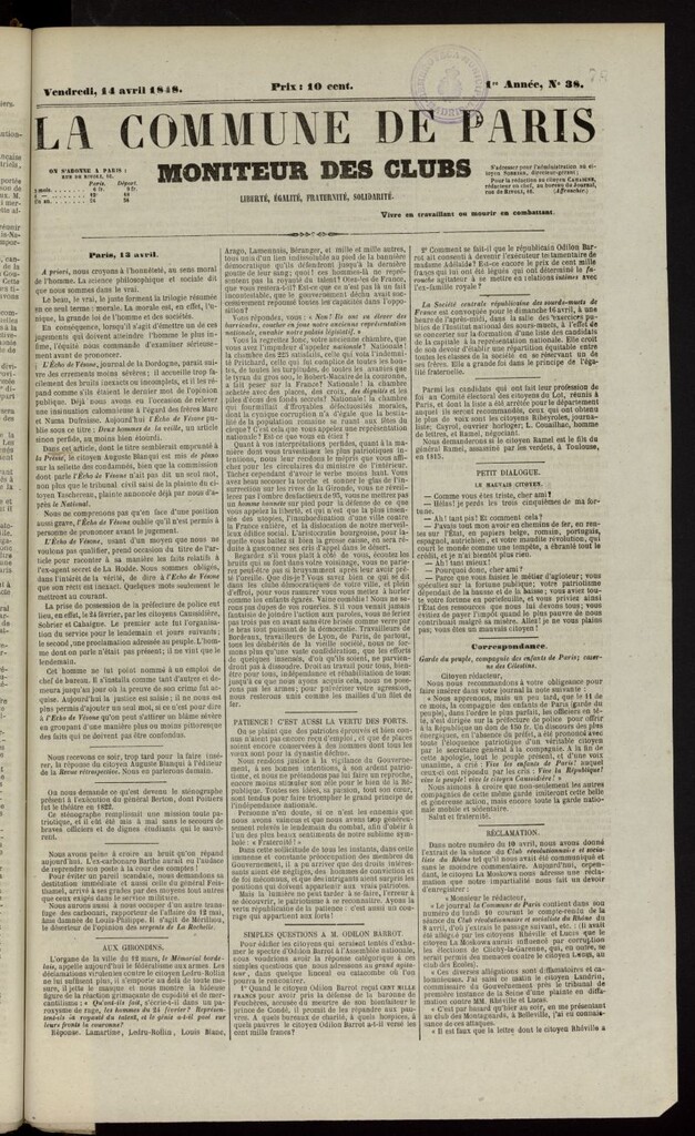 Miniatura de La Commune de Paris : moniteur des clubs del 14 de abril de 1848, nº 38