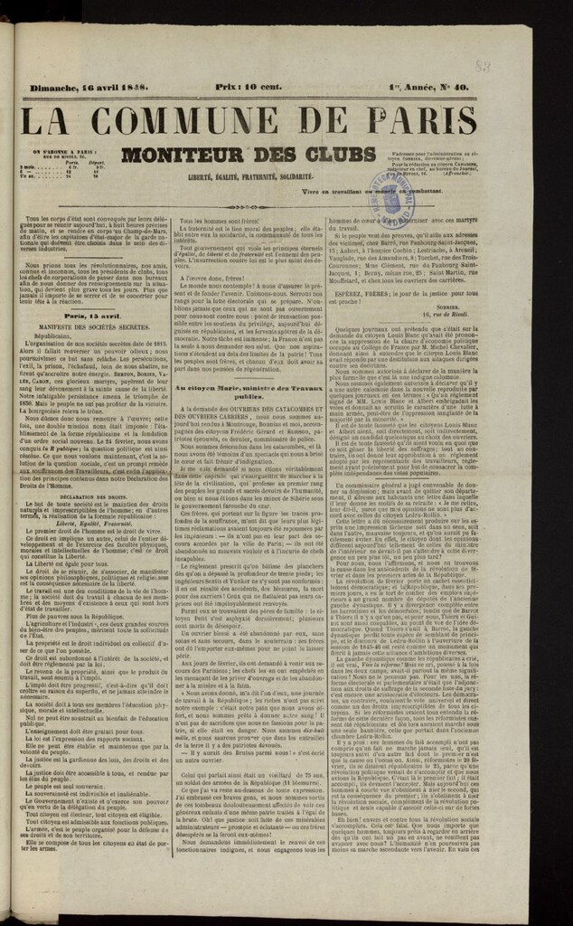 Miniatura de La Commune de Paris : moniteur des clubs del 16 de abril de 1848, nº 40