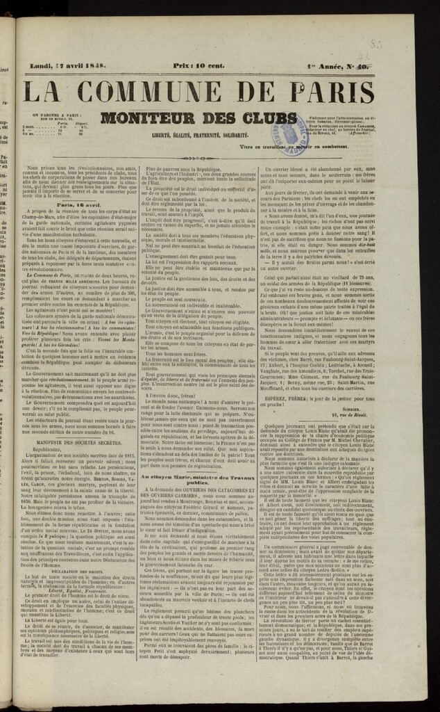 Miniatura de La Commune de Paris : moniteur des clubs del 17 de abril de 1848, nº 41