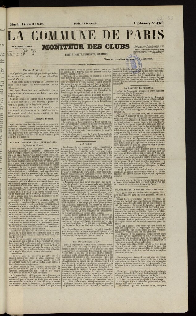 Miniatura de La Commune de Paris : moniteur des clubs del 18 de abril de 1848, nº 42