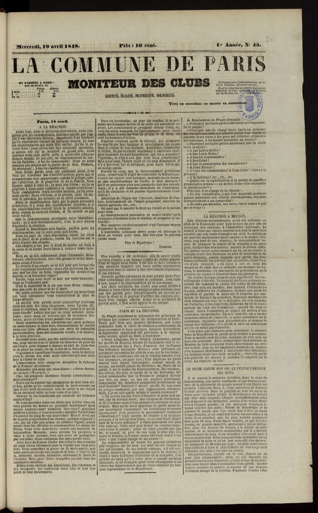 Miniatura de La Commune de Paris : moniteur des clubs del 19 de abril de 1848, nº 43