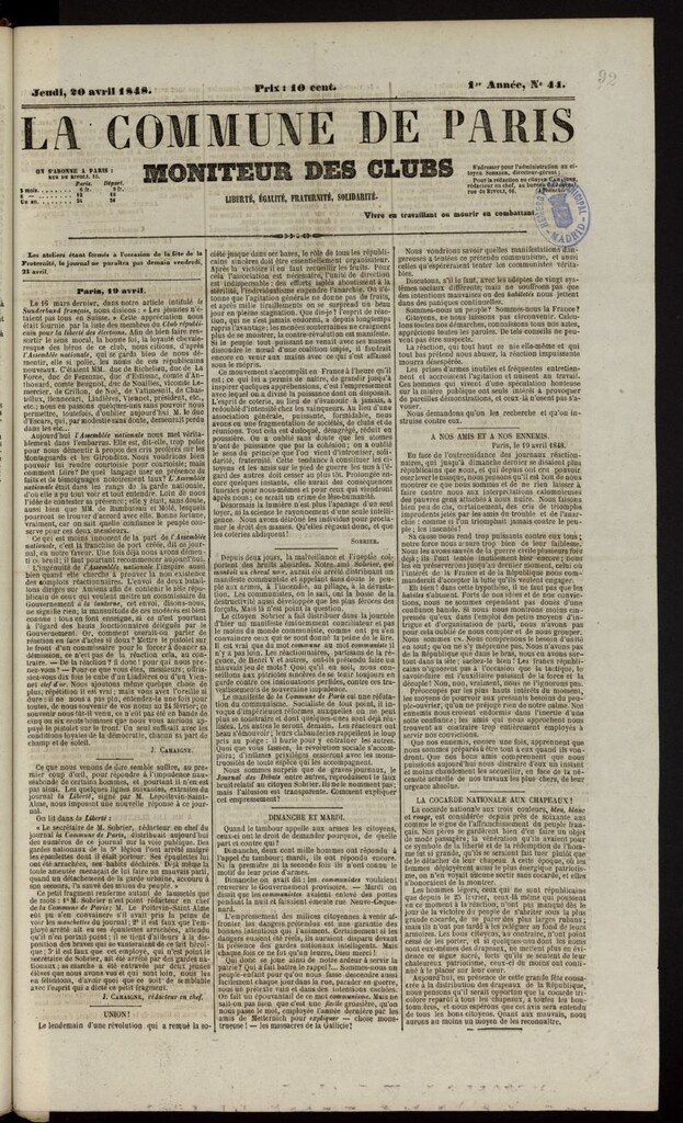 Miniatura de La Commune de Paris : moniteur des clubs del 20 de abril de 1848, nº 44