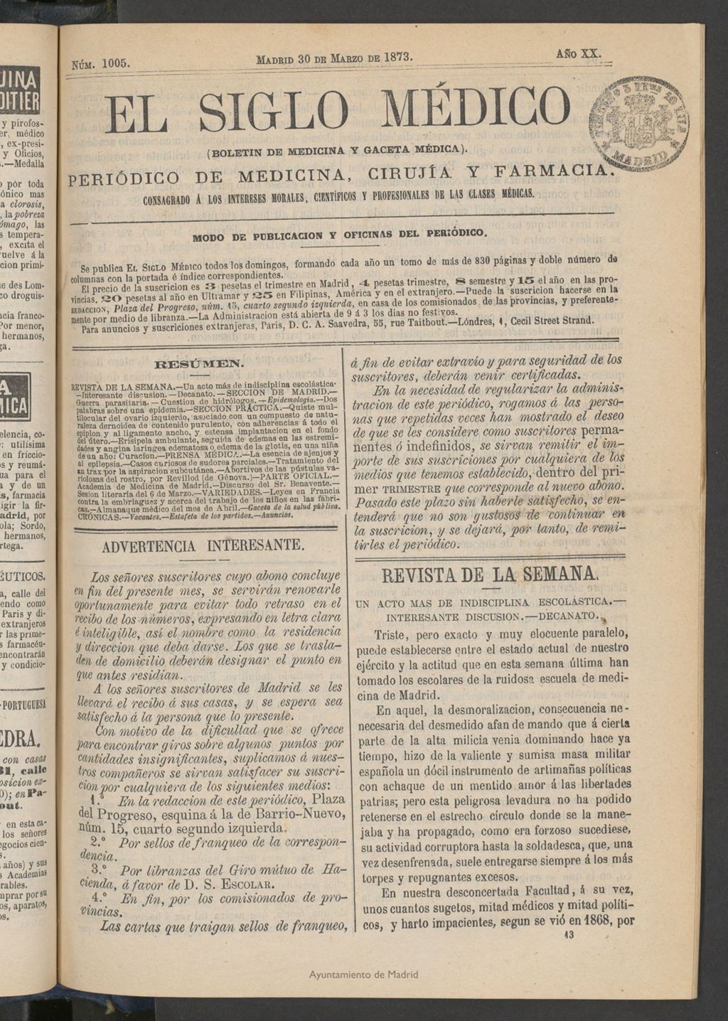 Miniatura de El Siglo Médico: boletín de medicina y gaceta médica del 30 de marzo de 1873