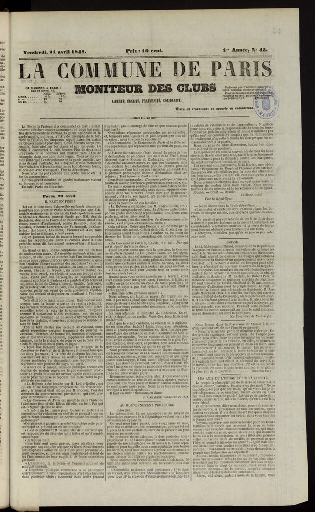 Miniatura de La Commune de Paris : moniteur des clubs del 21 de abril de 1848, nº 45
