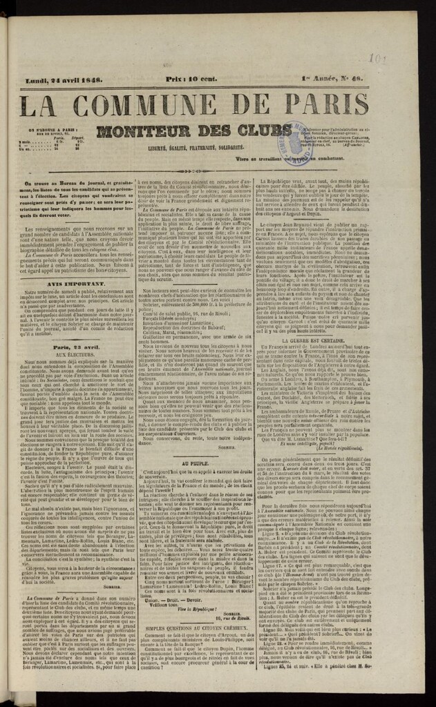 Miniatura de La Commune de Paris : moniteur des clubs del 24 de abril de 1848, nº 48