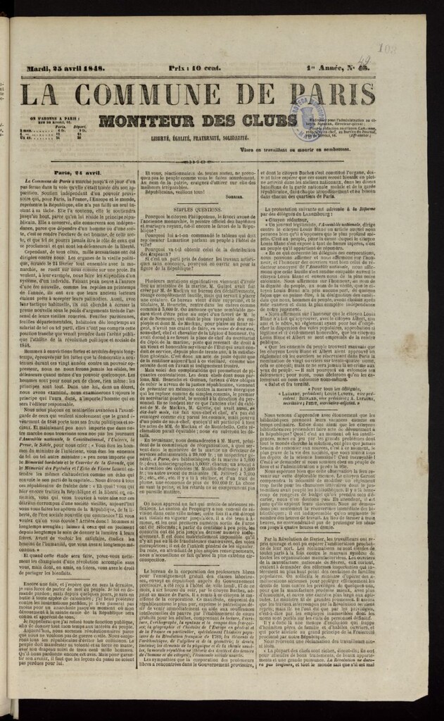 Miniatura de La Commune de Paris : moniteur des clubs del 25 de abril de 1848, nº 49