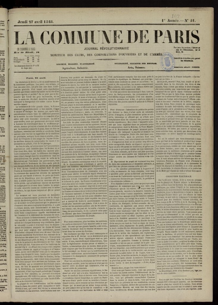 Miniatura de La Commune de Paris : moniteur des clubs del 27 de abril de 1848, nº 51
