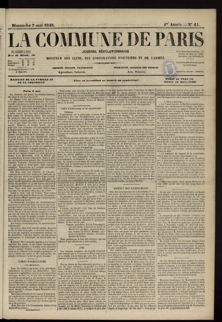 Miniatura de La Commune de Paris : moniteur des clubs del 7 de mayo de 1848, nº 61
