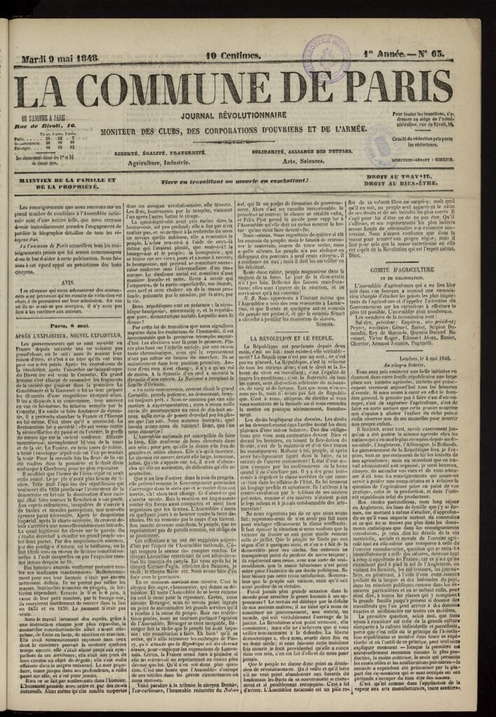 Miniatura de La Commune de Paris : moniteur des clubs del 9 de mayo de 1848, nº 63