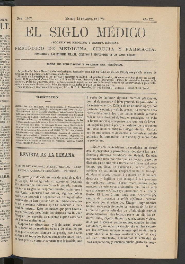 Miniatura de El Siglo Médico: boletín de medicina y gaceta médica del 13 de abril de 1873