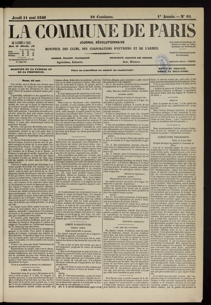 Miniatura de La Commune de Paris : moniteur des clubs del 11 de mayo de 1848, nº 65