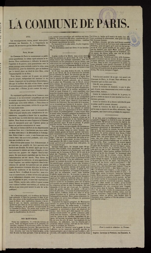 Miniatura de La Commune de Paris : moniteur des clubs del 18 de mayo de 1848, nº 70