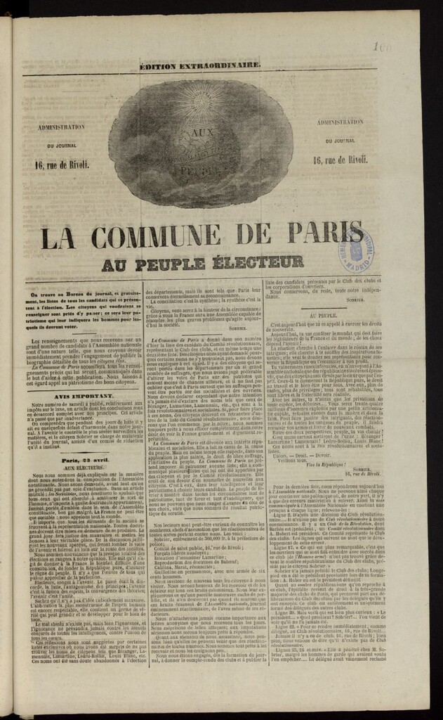 Miniatura de La Commune de Paris : moniteur des clubs del 23 de abril de 1848, nº extraordinario