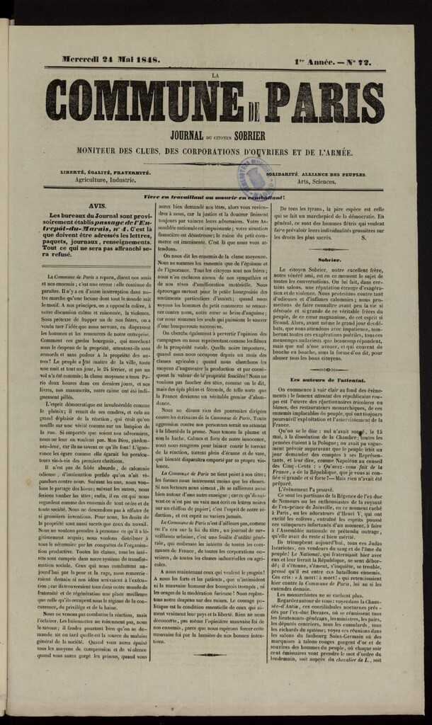 Miniatura de La Commune de Paris : moniteur des clubs del 24 de mayo de 1848, nº 72