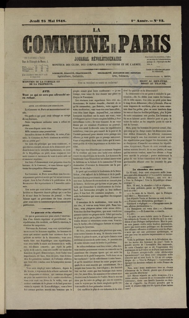Miniatura de La Commune de Paris : moniteur des clubs del 25 de mayo de 1848, nº 73