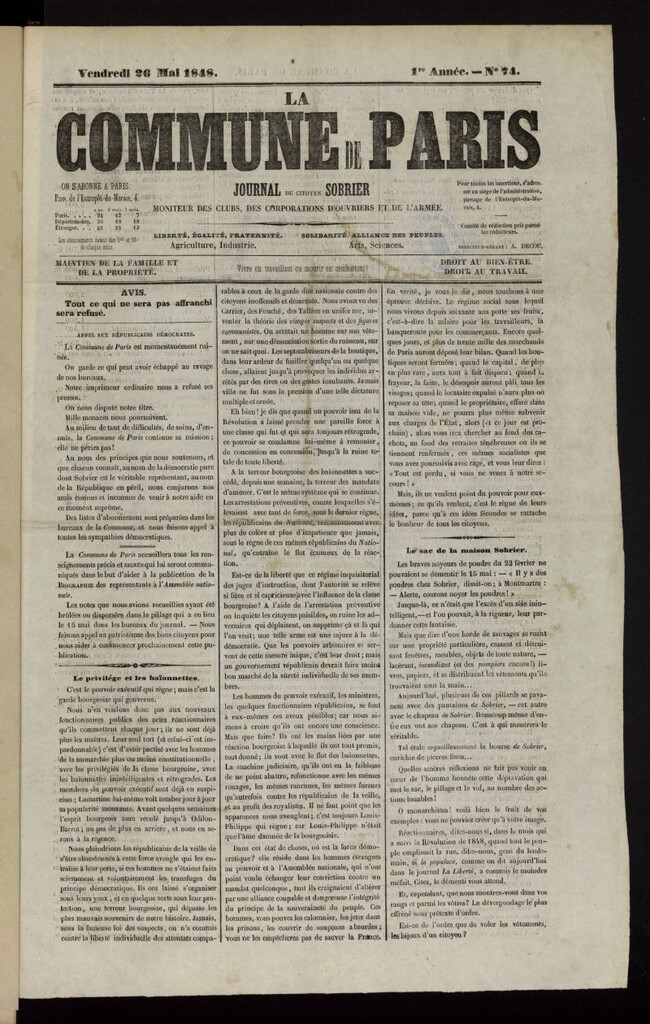 Miniatura de La Commune de Paris : moniteur des clubs del 26 de mayo de 1848, nº 74