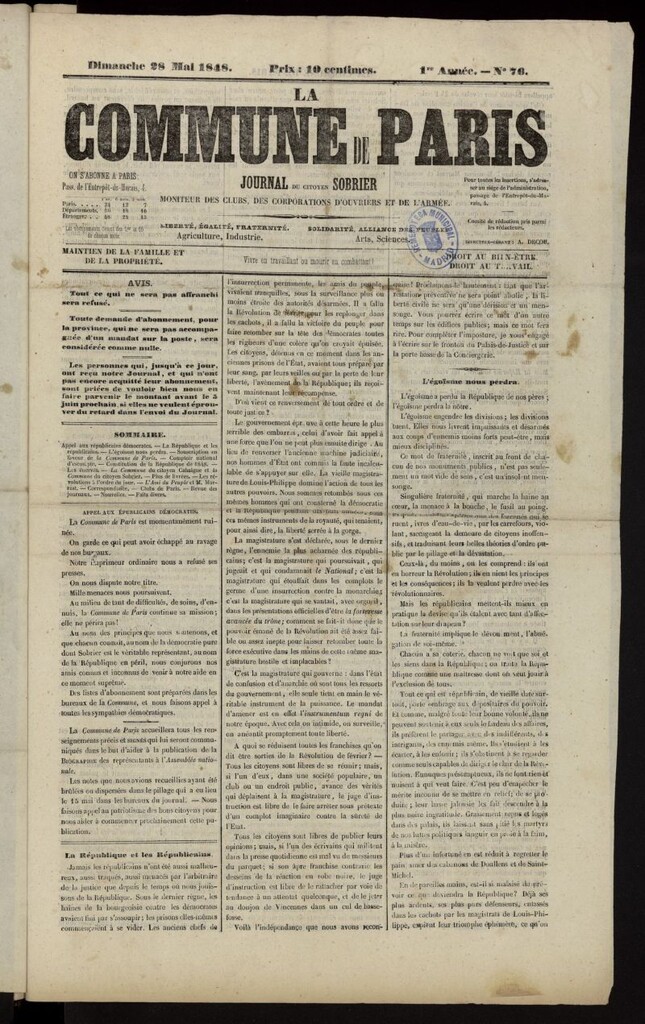 Miniatura de La Commune de Paris : moniteur des clubs del 28 de mayo de 1848, nº 76