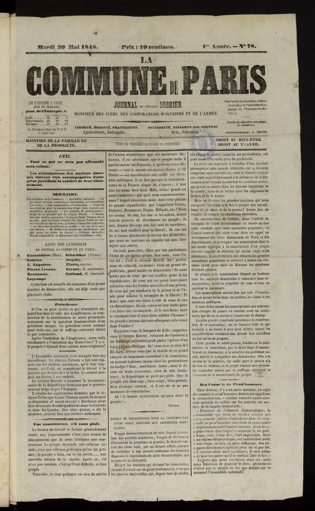 Miniatura de La Commune de Paris : moniteur des clubs del 30 de mayo de 1848, nº 78