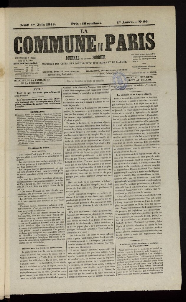 Miniatura de La Commune de Paris : moniteur des clubs del 1 de junio de 1848, nº 80