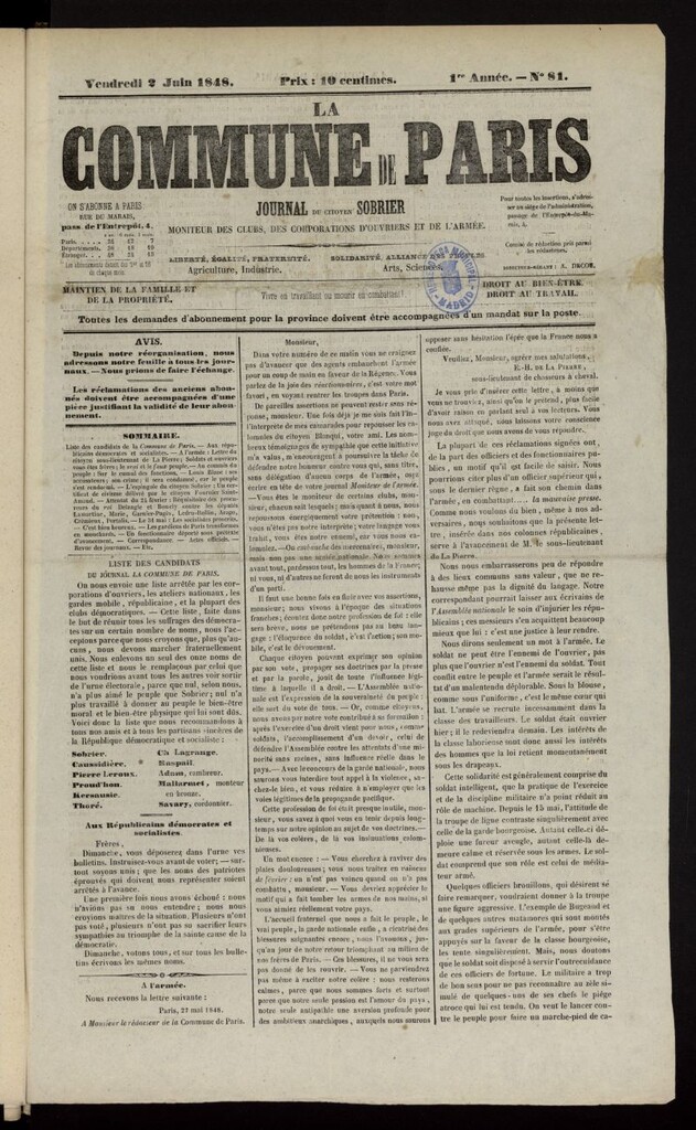 Miniatura de La Commune de Paris : moniteur des clubs del 2 de junio de 1848, nº 81