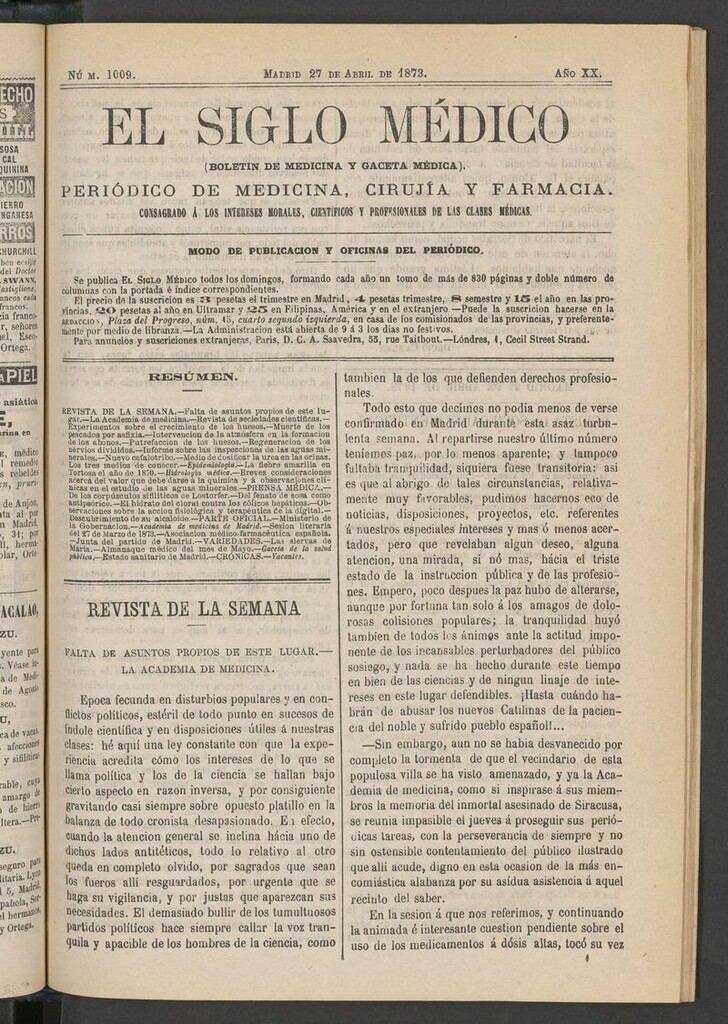 Miniatura de El Siglo Médico: boletín de medicina y gaceta médica del 27 de abril de 1873