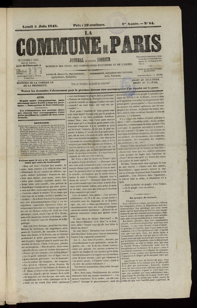 Miniatura de La Commune de Paris : moniteur des clubs del 5 de junio de 1848, nº 84