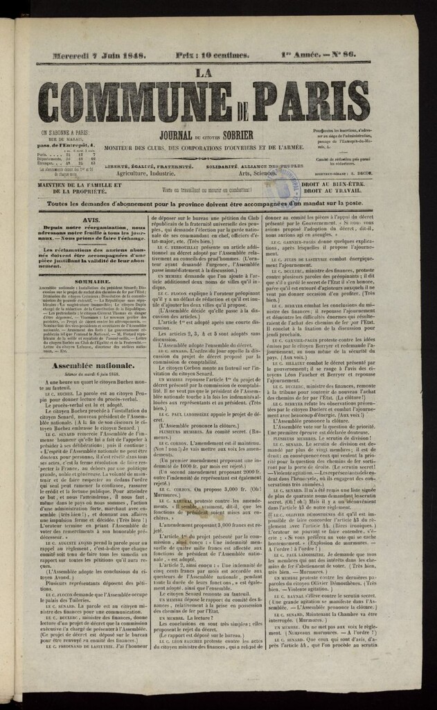 Miniatura de La Commune de Paris : moniteur des clubs del 7 de junio de 1848, nº 86