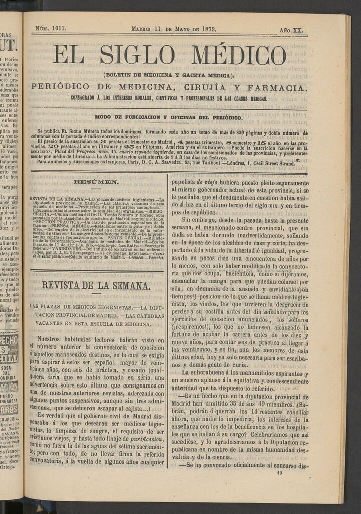 Miniatura de El Siglo Médico: boletín de medicina y gaceta médica del 11 de mayo de 1873